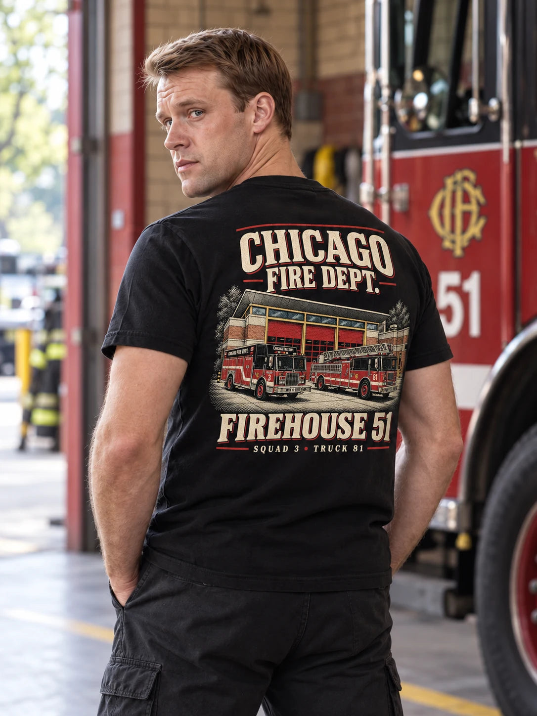 Casey mit schwarzem Firehouse-51-Retro-T-Shirt und großem Rückenmotiv in der Feuerwache