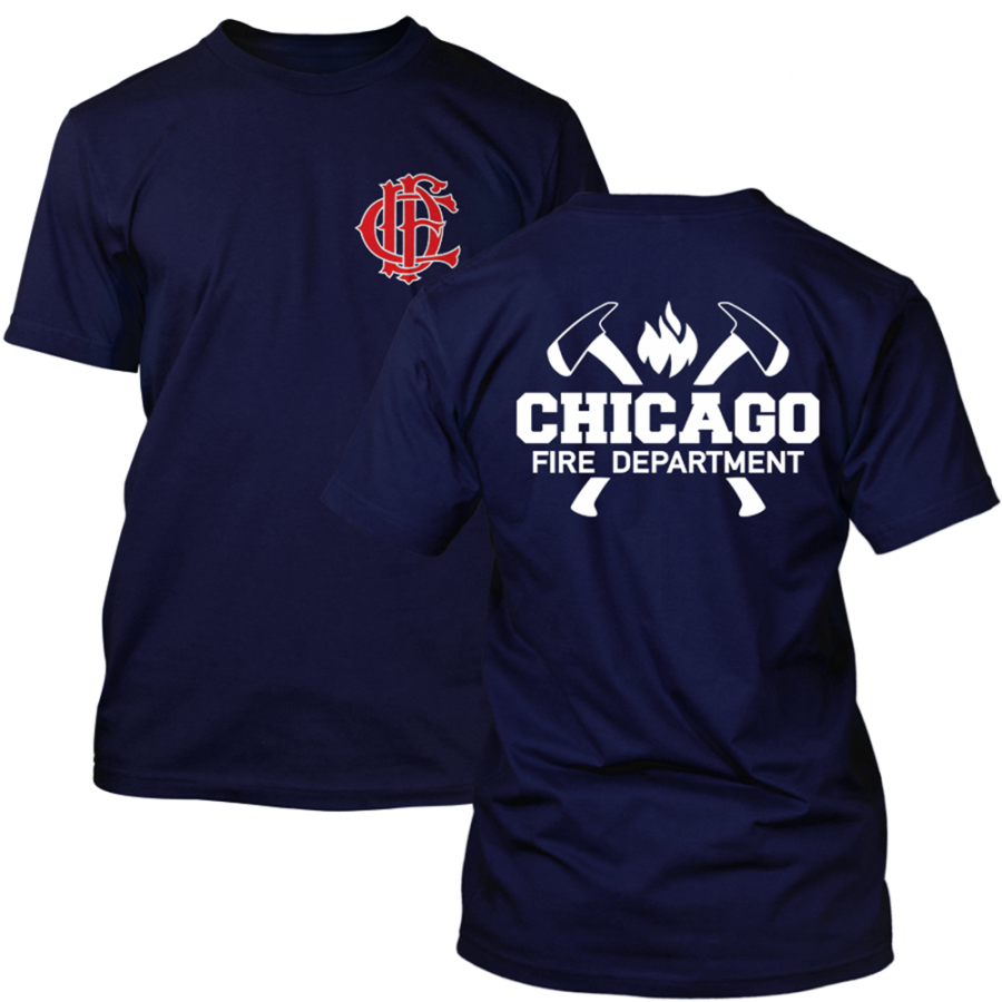 Chicago Fire Dept. - T-shirt with axe logo and lettering, optionally with Truck 81 or Squad 3